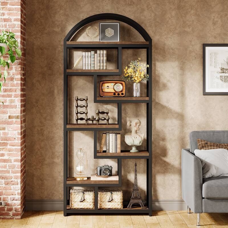 71" Tall Arched Bookshelf, Etagere Bookcase with Open Display Shelves - Rustic Brown & Black