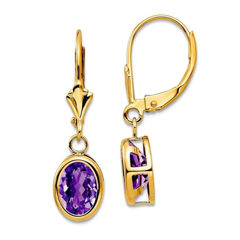 Curata 14k Yellow Gold 8x6mm Oval Genuine Gemstone Leverback Earrings - 27mm x 8mm - Amethyst
