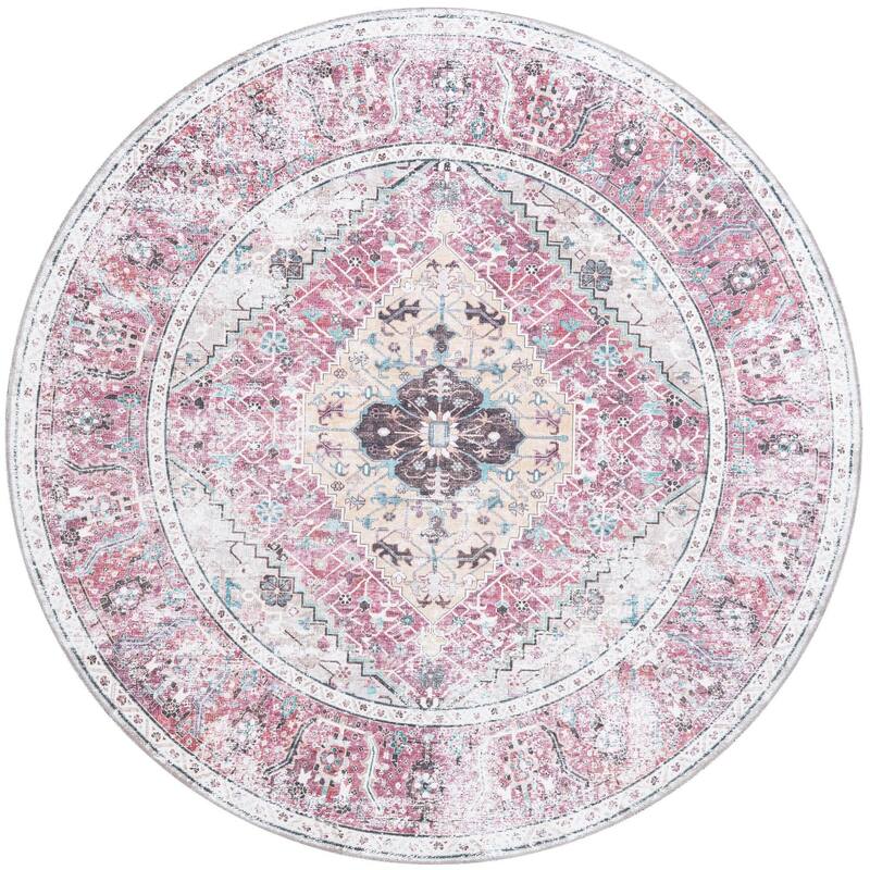 Traditional Tira Collection Area Rug - 7'10" Round - Light Coral-Pink