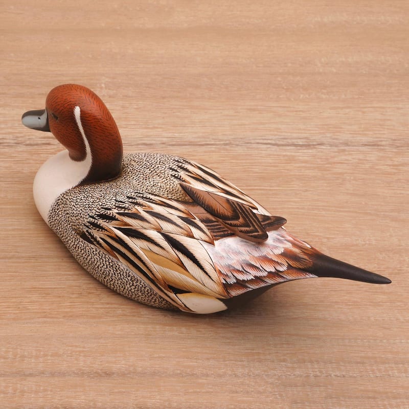 NOVICA Handmade Pintail Duck Wood Statuette (Indonesia) - 4.1" H x 10.75" W x 3.5" D