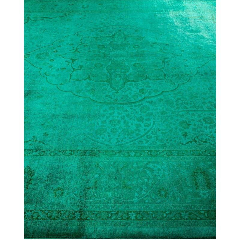 Overton Hand Knotted Wool Vintage Inspired Modern Contemporary Overdyed Green Area Rug - 10' 2" x 13' 4"
