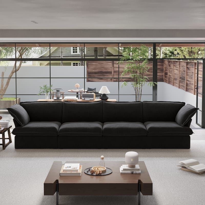 Modern Comfy Cloud Sofa Couch, Minimalist Down-Filled Sectional Sofas Couches, Cushion Covers Removable - 4 Seats+Black