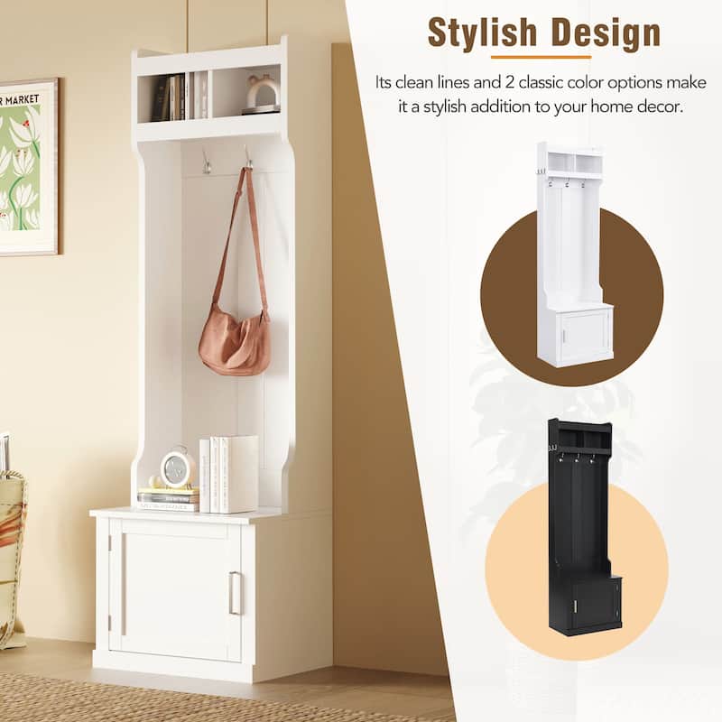 Multi-functional Wood Coat Rack with Cabinet and 6 Hanging Hooks
