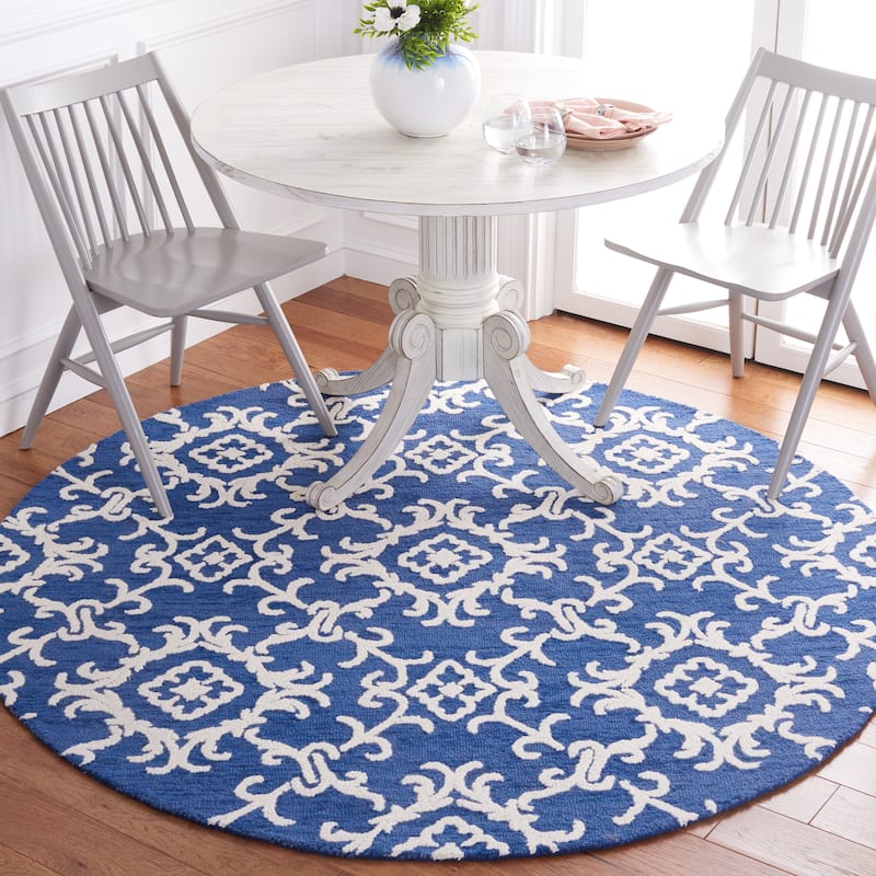 SAFAVIEH, Handmade Blossom Vesela Modern Floral Wool Rug - 6' Round - Navy/Ivory
