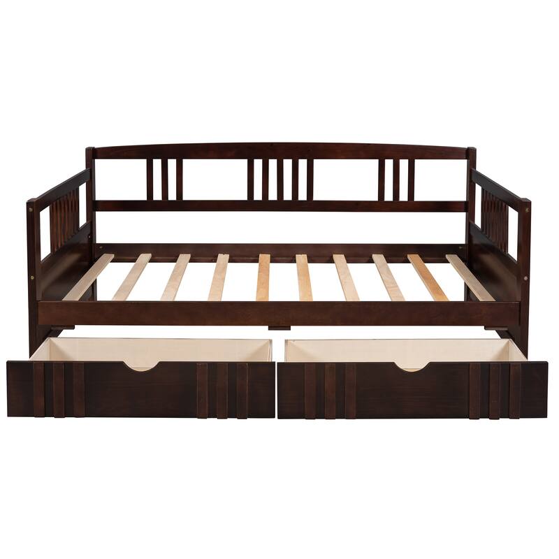 Daybed with Two Drawers, Solid Wood Frame, Guardrails, No Box Spring Needed