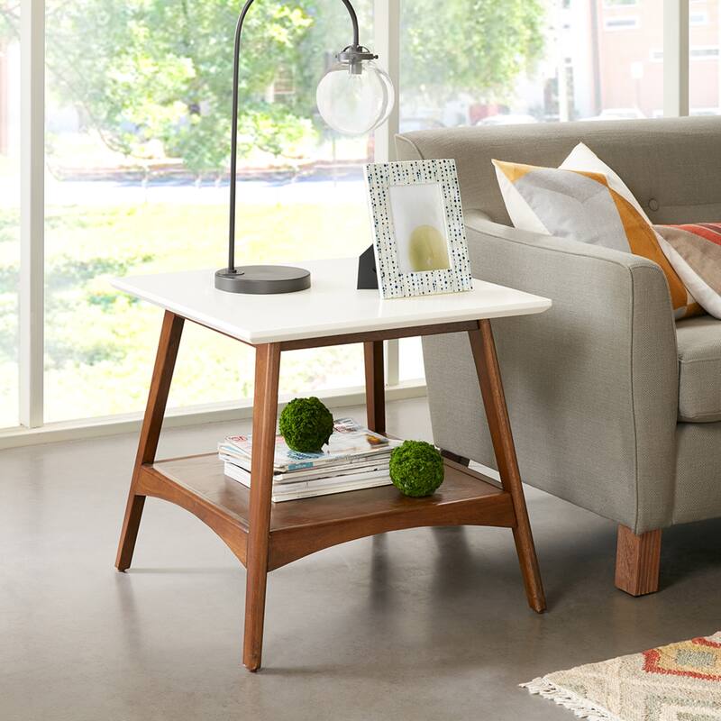 Roomfitters Parker End Table, Mid Century Accent Side Table with Lower Shelf for Living Room or Lounge, Off-White
