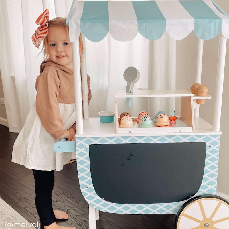 Teamson Kids Wooden Ice Cream Cart Pretend Play Food Set with33 pcs Accessory Set for Toddlers