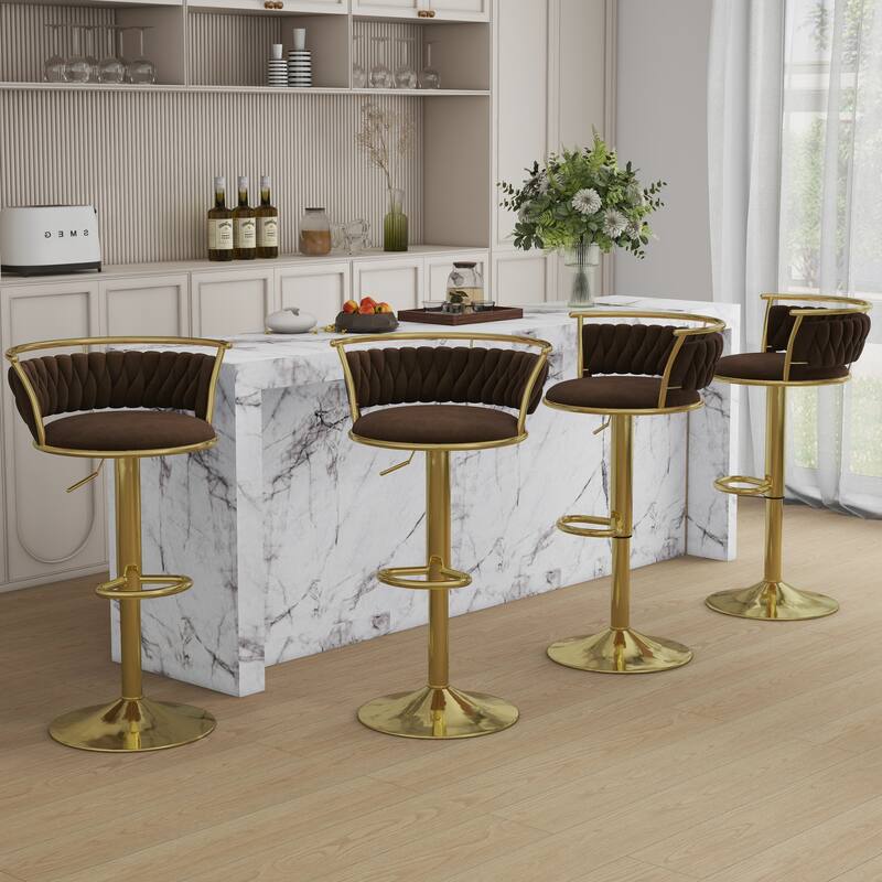 4 Set Velvet Adjustable Swivel Bar Stools With Backs - Set of 4 - Coffee 4Set