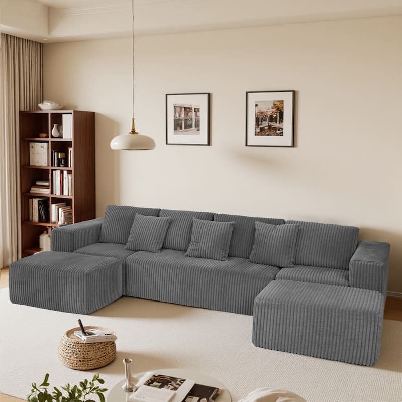 U-Shaped Sectional Sofa with Reversible Chaise Lounge, Oversized Corduroy Fabric Sofa, Modular 4 Seat Compressed Sofa