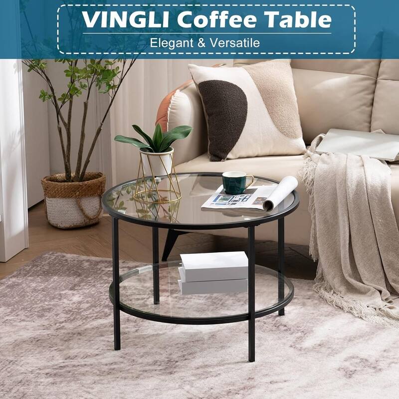 VINGLI Double-Layer Round Glass Matt Black Powder-Coated Iron Frame Coffee Table