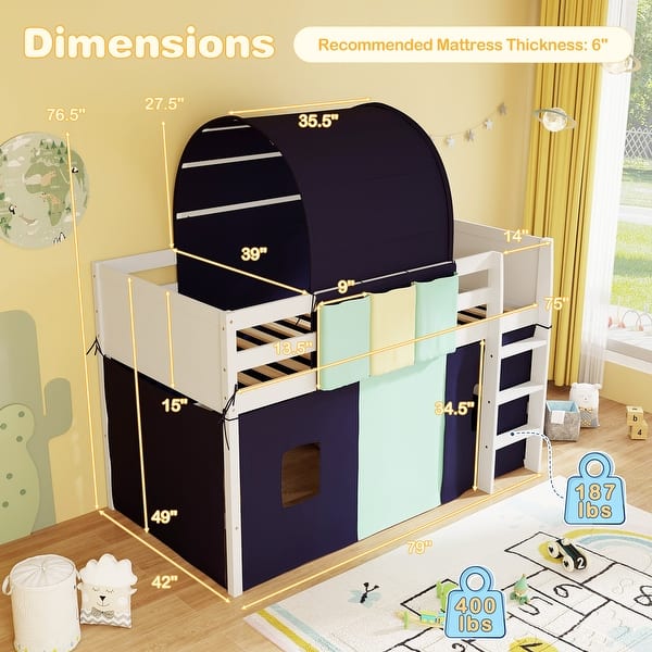 dimension image slide 1 of 2, Twin Size Loft Bed Playhouse Bed Frame with Tower Tent and 3 Storage Pockets