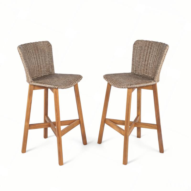 Outdoor Bar Stool, Wood with Wicker, Set of 2
