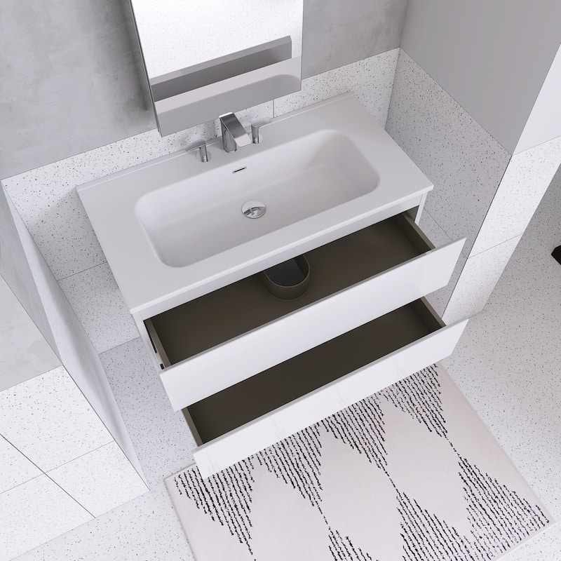 Floating Integrated Bathroom Vanity with Ceramic Sink, Three Faucet Holes