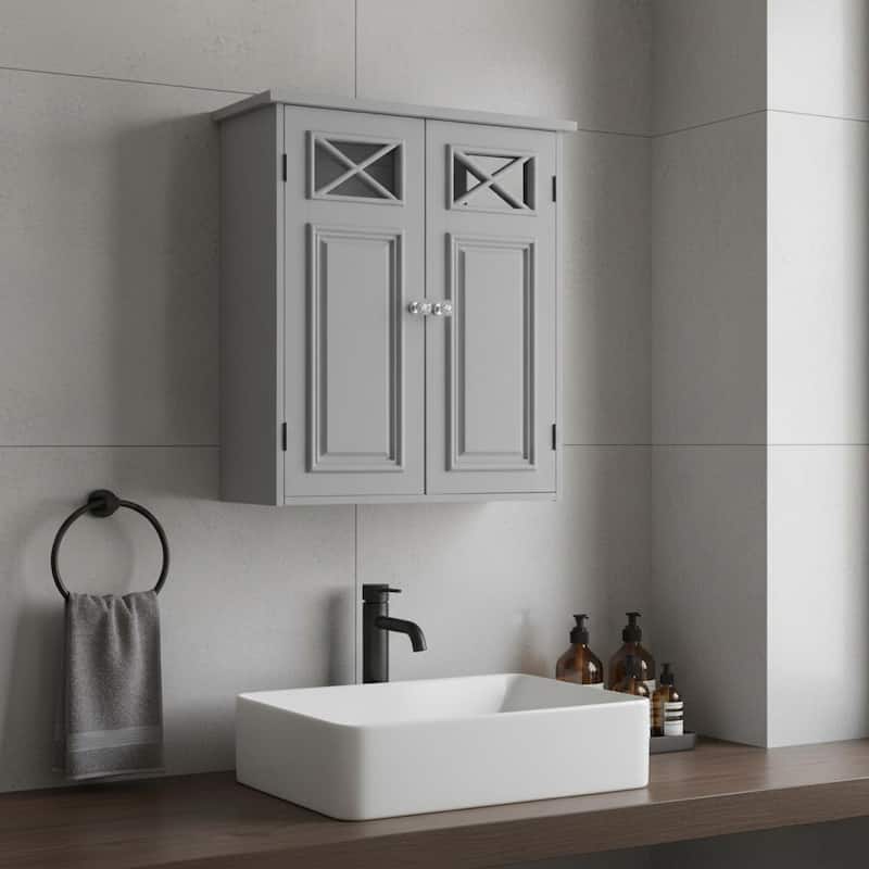 Teamson Home Dawson 2-Door Gray Bathroom Wall Cabinet, Removable Glass Panel, Adjustable Shelf, Cross Molding Storage