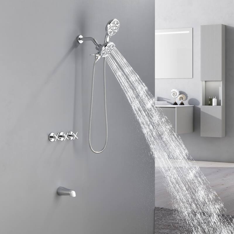 Modland 3-Handle Tub and Shower Faucet Set Dual Head 7-Spray Brass Valve Kit with Alloy Spout