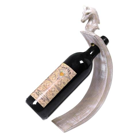 Novica Handmade White Horse Wood Bottle Holder - 5.5" H x 13" W x 2.4" D