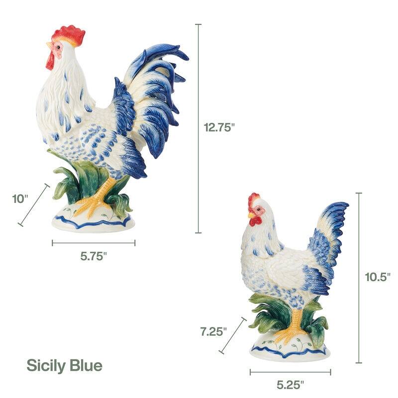 Fitz and Floyd Sicily Blue Rooster Hen Figure Set