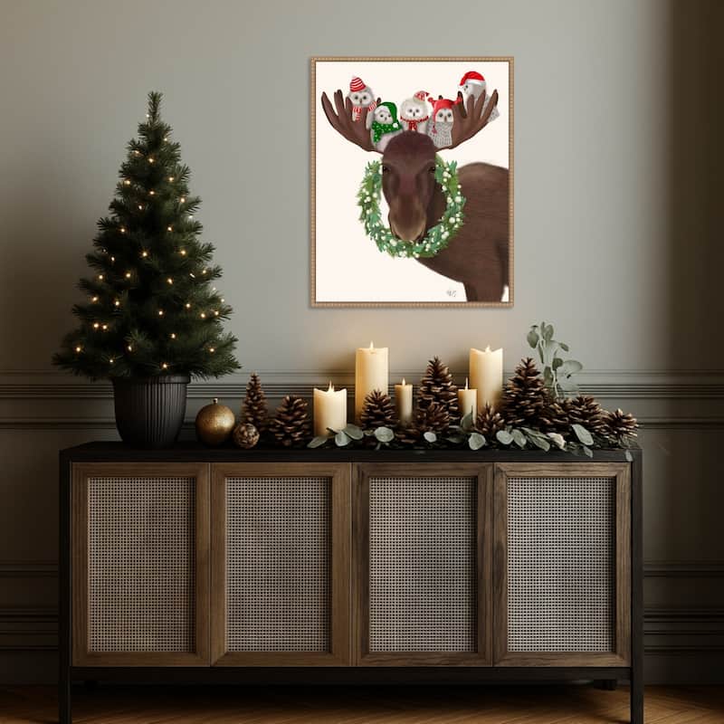 Christmas Moose and Christmas Owls by Fab Funky (23 x 28 in.), Framed Canvas Wall Art Print - Sylvie Beaded Rustic Natural
