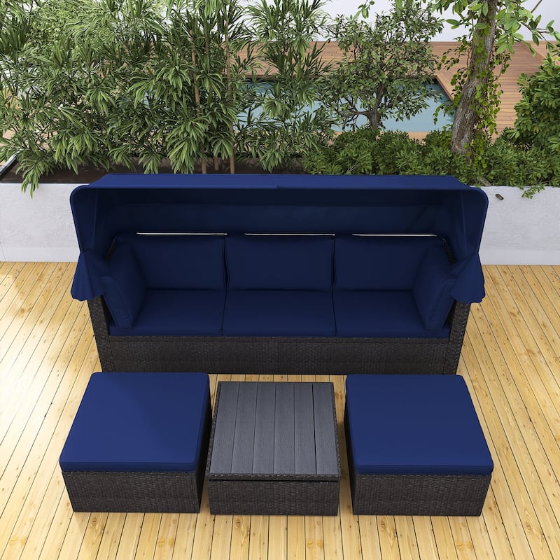 4-Piece Outdoor Wicker Sectional Patio Daybed with Canopy and Ottoman