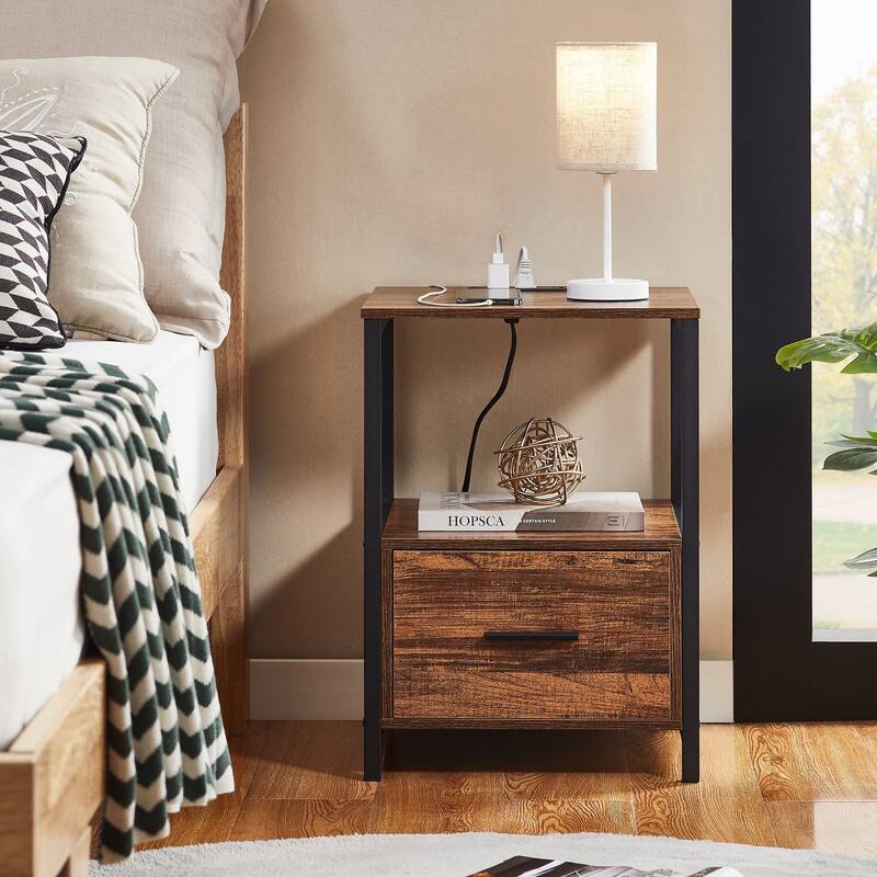 Javlergo Nightstand with Charging Station and Drawers End Side Tables with Open Storage Shelf for Bedroom Living Room