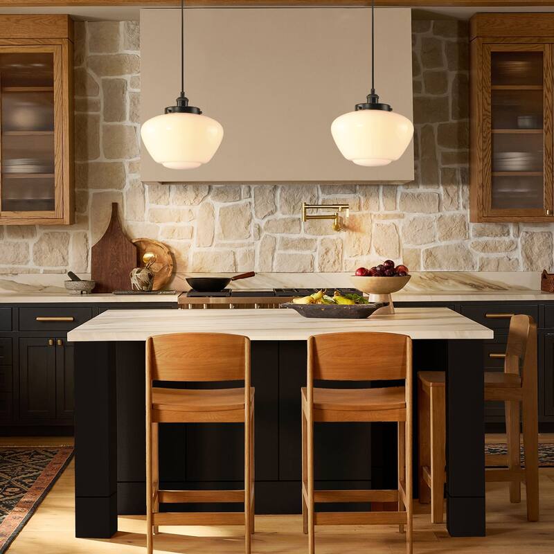 1-Light Mid-Century Modern Brass/Black Frosted Glass Globe Dome Pendant Light