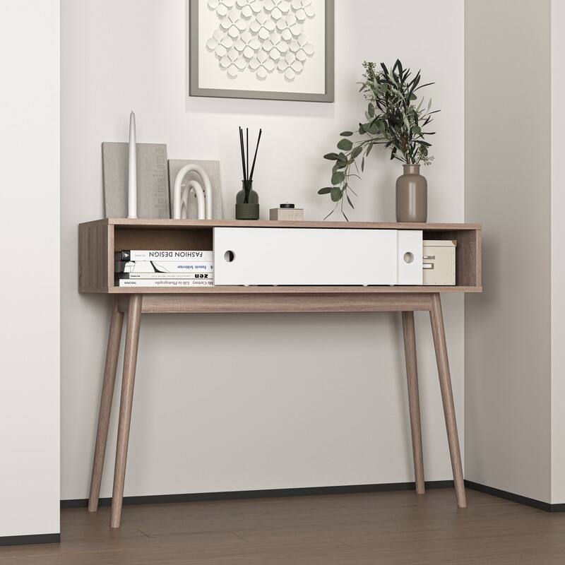 Natural Wood Entryway Console Table with 2 Sliding Doors, Storage Sofa Table for Hallway & Living Room