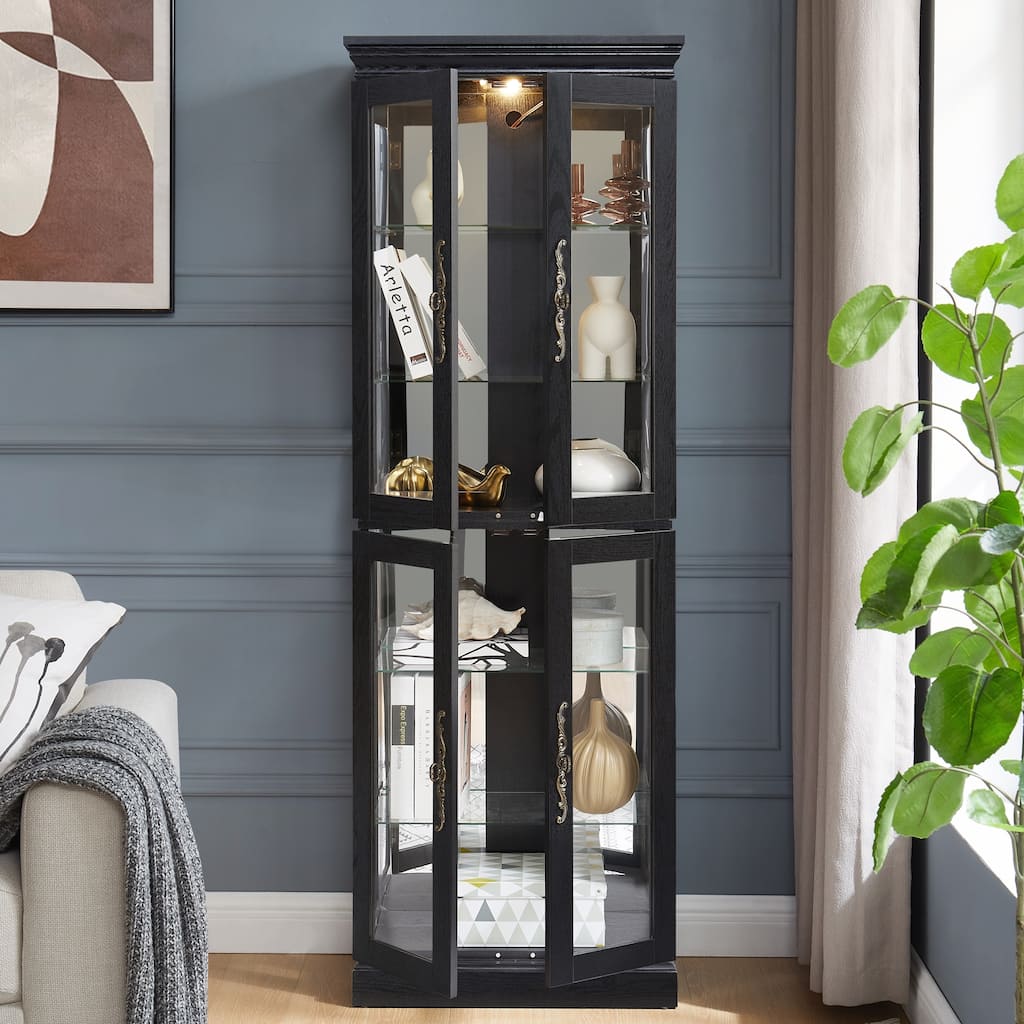 Elegant Lighted Glass Curio Display Cabinet for Living Room and Kitchen