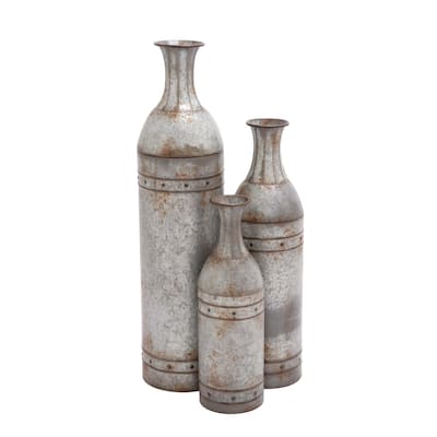 Metal Handmade Tall Galvanized Floor Vase with Studs - Set of 3 Gray - Roche River Decor - 11"W x 11"L x 43"H