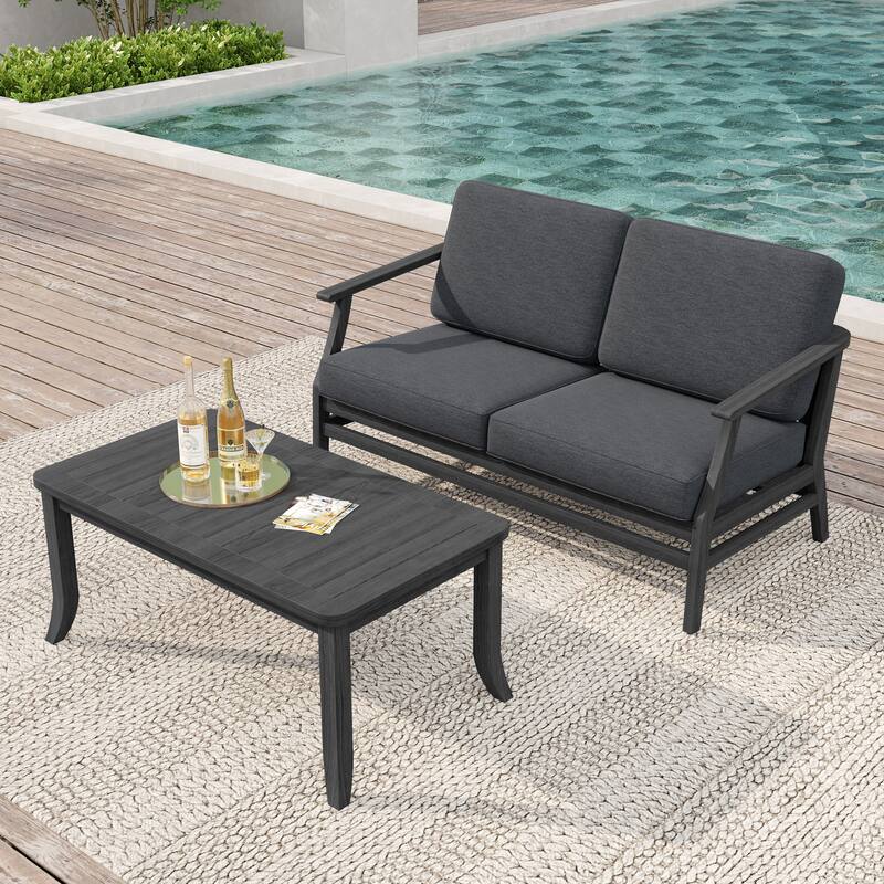 Teak Wood Patio Outdoor Loveseat Sofa and Coffee Table Set - Dark Wood - Dark Grey