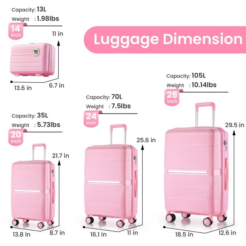 4 Piece Luggage Sets(14/20/24/28), PP Lightweight Expandable Suitcase Set with Spinner Wheels and TSA Lock