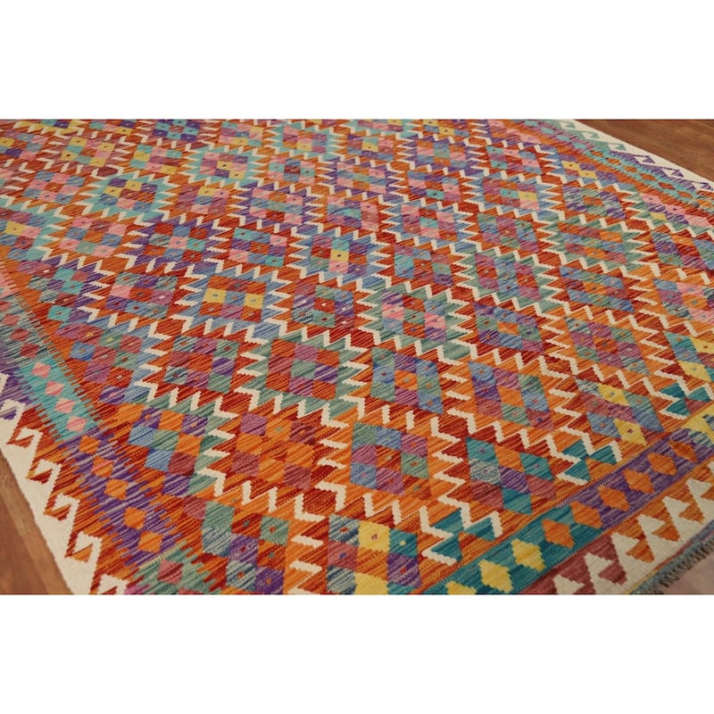 Reversible Kilim Oriental Area Rug Flatweave Orange Wool Carpet - 8'0" x 9'7"