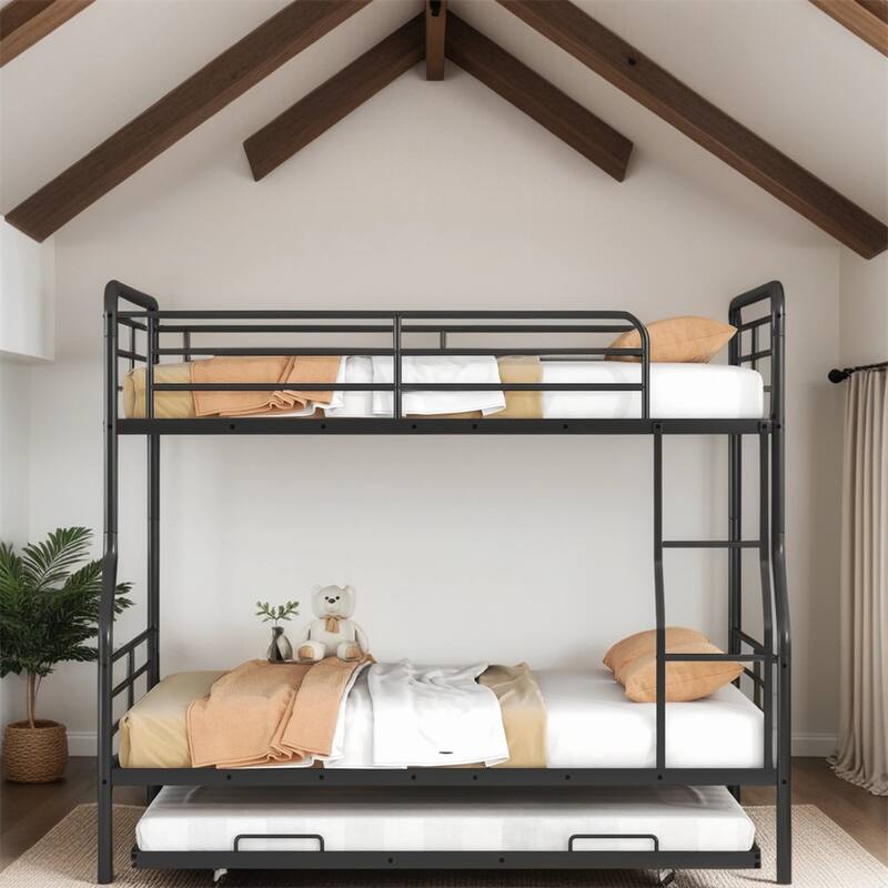 Modern Full XL Over Queen Metal Bunk Bed with Twin Size Trundle - Black