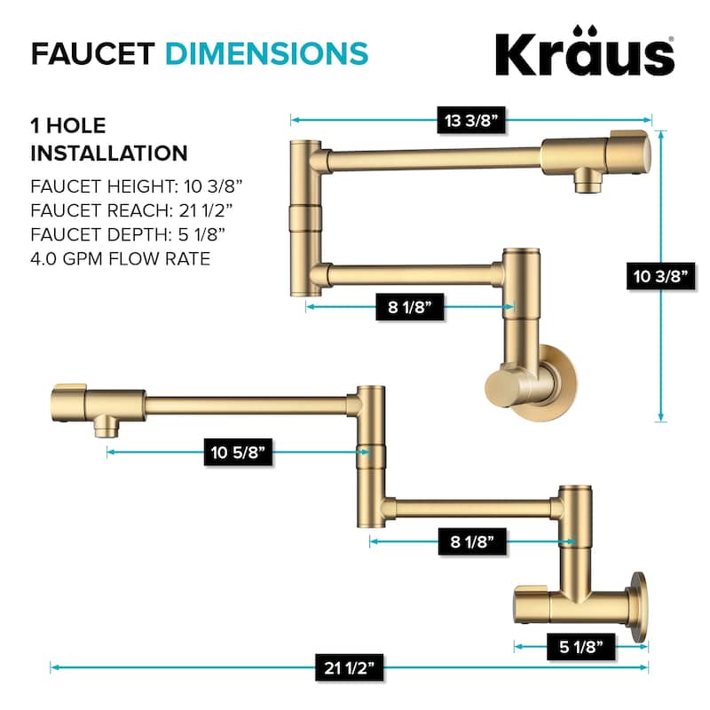 KRAUS Bolden 2 Handle Wall Mount Pot Filler Faucet w/ Retractable Arm