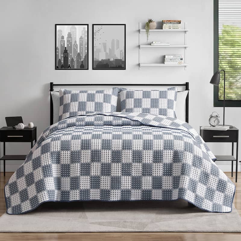 Porto Blocks Denim Blue All-Season Soft Woven Matelasse Jacquard Reversible Cotton Blend Quilt Set - Twin