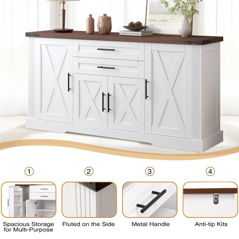 63 Inch Fluted Sideboard Buffet Cabinet with 4 Doors, 3 Drawers & Coffee Bar Station
