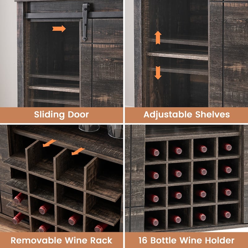 Farmhouse 47" Wine Bar Cabinet Buffet Sideboard Cabinet with 16 Bottle Wine Rack - 15.7"D x 47.2"W x 34.61"H