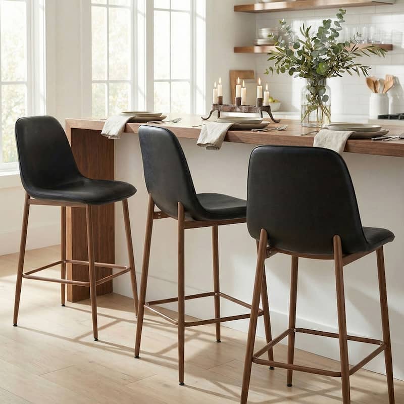 Modern PU Leather Counter Height Bar Stools with Walnut Wood-Grain Metal Legs (Set of 3) - Black - Counter Height