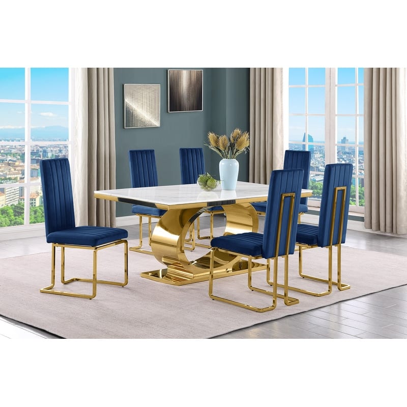 Best Quality Furniture D430/1-SC340-7 Dining Set with 68" White Marble Top - 7-Piece - Navy Blue / Gold