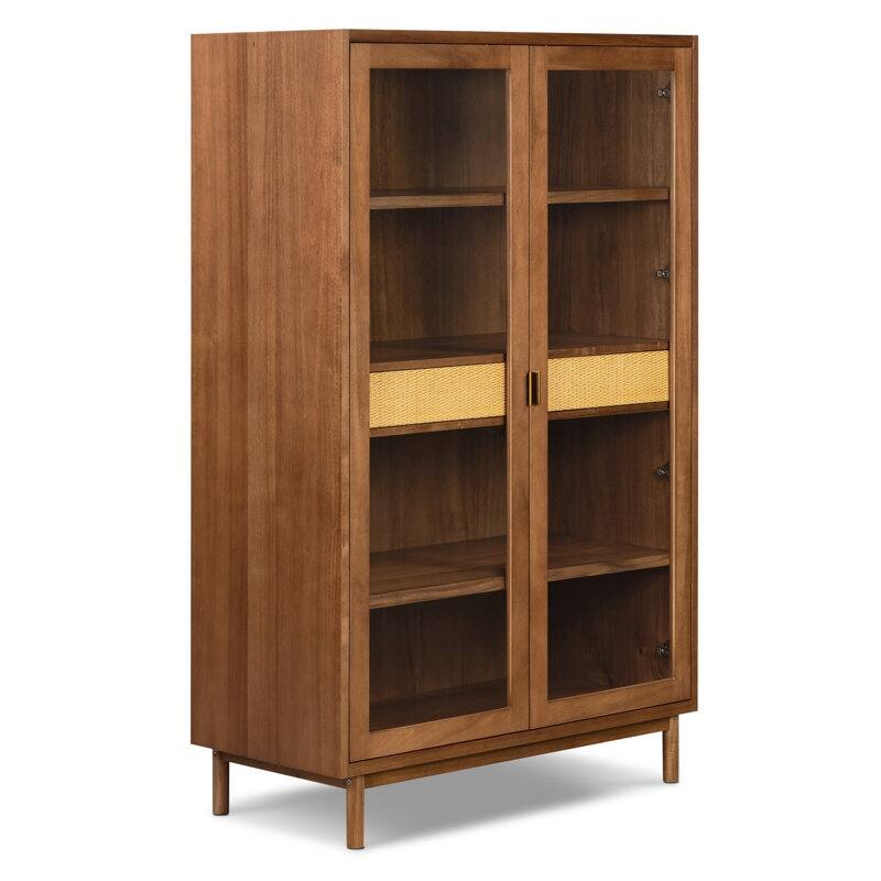 Nuvon Walnut-Finished Acacia Wood Cabinet with Double Glass Doors - Timber Brown