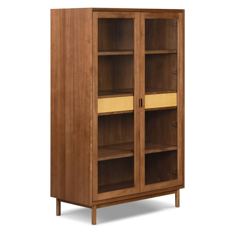 Nuvon Walnut-Finished Acacia Wood Cabinet with Double Glass Doors