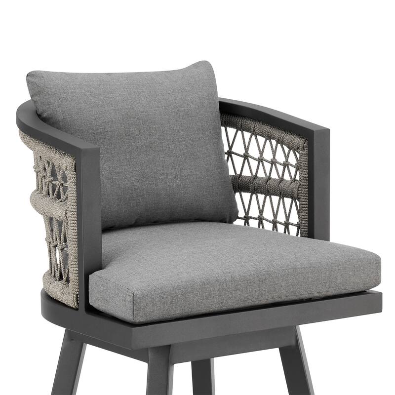 Zella Outdoor Patio Swivel Counter Stool in Aluminum with Rope and Cushions