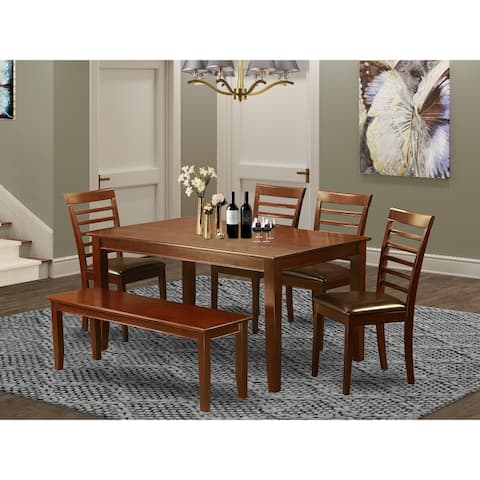 East West Furniture 6 Pc Dining set- A Dining Table with 4 Kitchen Chairs plus one Bench - Mahogany Finish (Seat Type Option)