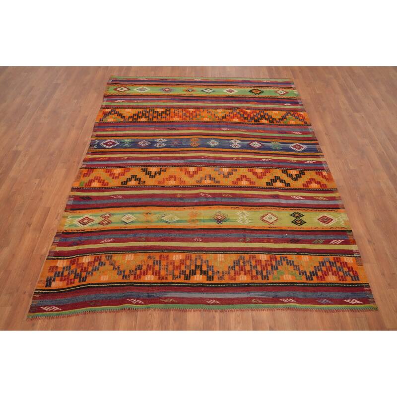 Hand Woven Oriental 100% Wool Carpet Southwestern Tribal Multi-Colored Kilim Area Rug - 7' 5'' X 6' 0''