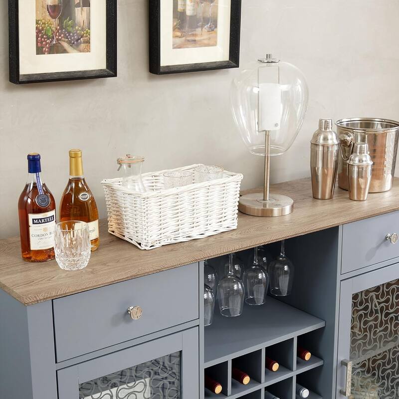 Roomfitters Modern Farmhouse Buffet Cabinet, Sideboard with 2 Drawers, Glass Door Cabinets, Wine and Glass Rack, Coffee Bar