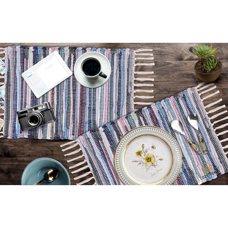 100% Cotton Woven Placemats for Dining Room Rectangle 14''x20'' with Fringes | Set of 6 | Washable - Multi