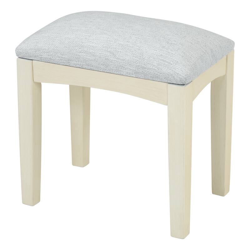 White Oak Vanity Desk with Hidden Mirror Storage Drawers Cabinets and Upholstered Stool - 46.5”L x 20.2”W x 29.7”H