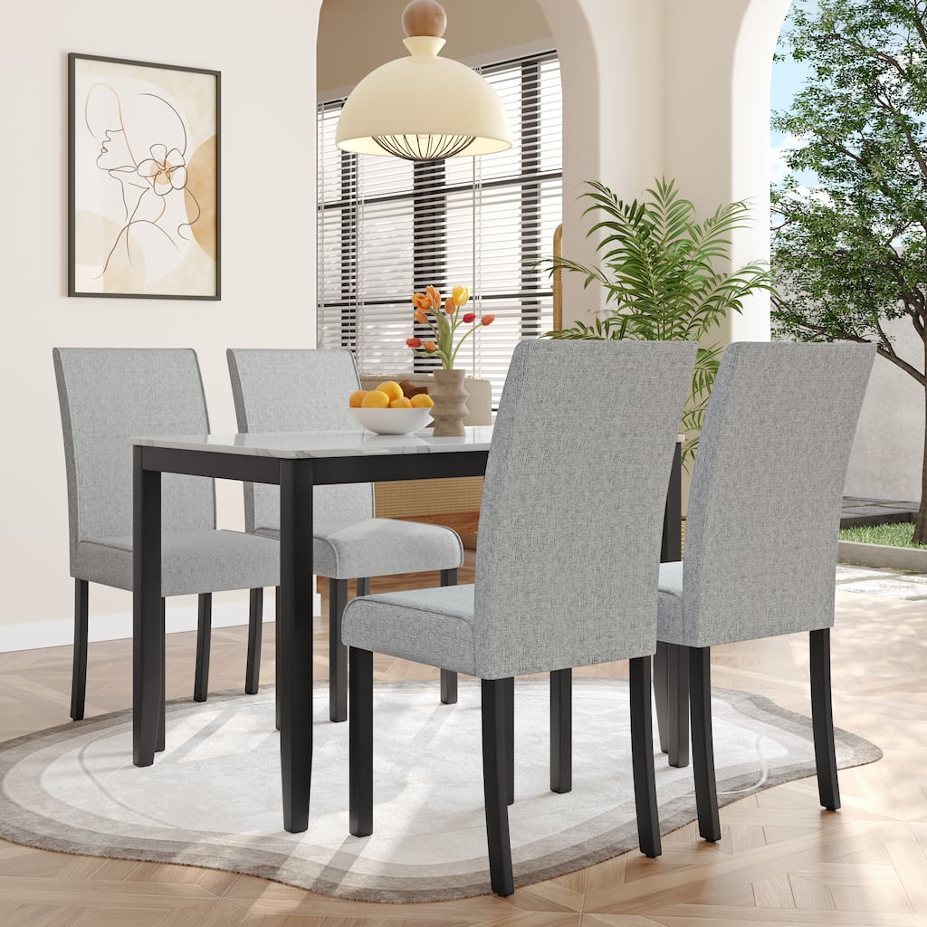 Corvus Fowey 5-piece Dining Set, Marble Sticker MDF Table and 4 Upholstered Chairs