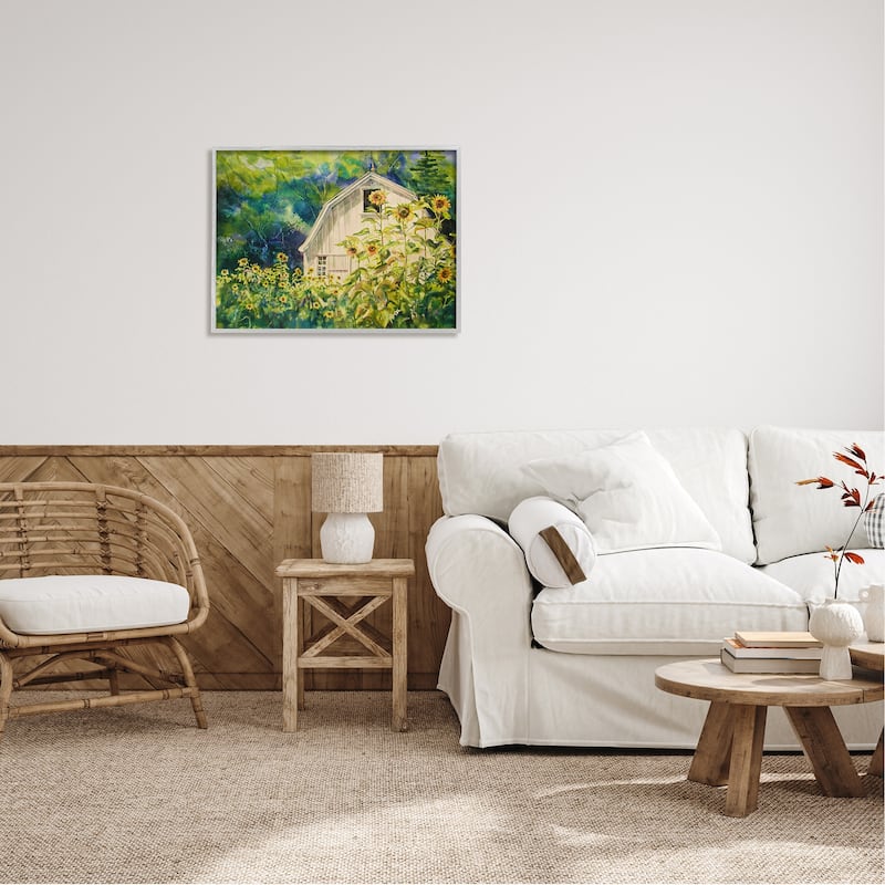 Stupell Peaceful Sunflower Field Countryside Woodlands Barn Framed Wall Art - Yellow