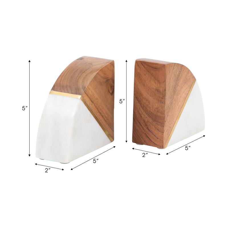 Decorative Wood and Marble Bookends - 5", White & Brown - 4.5"