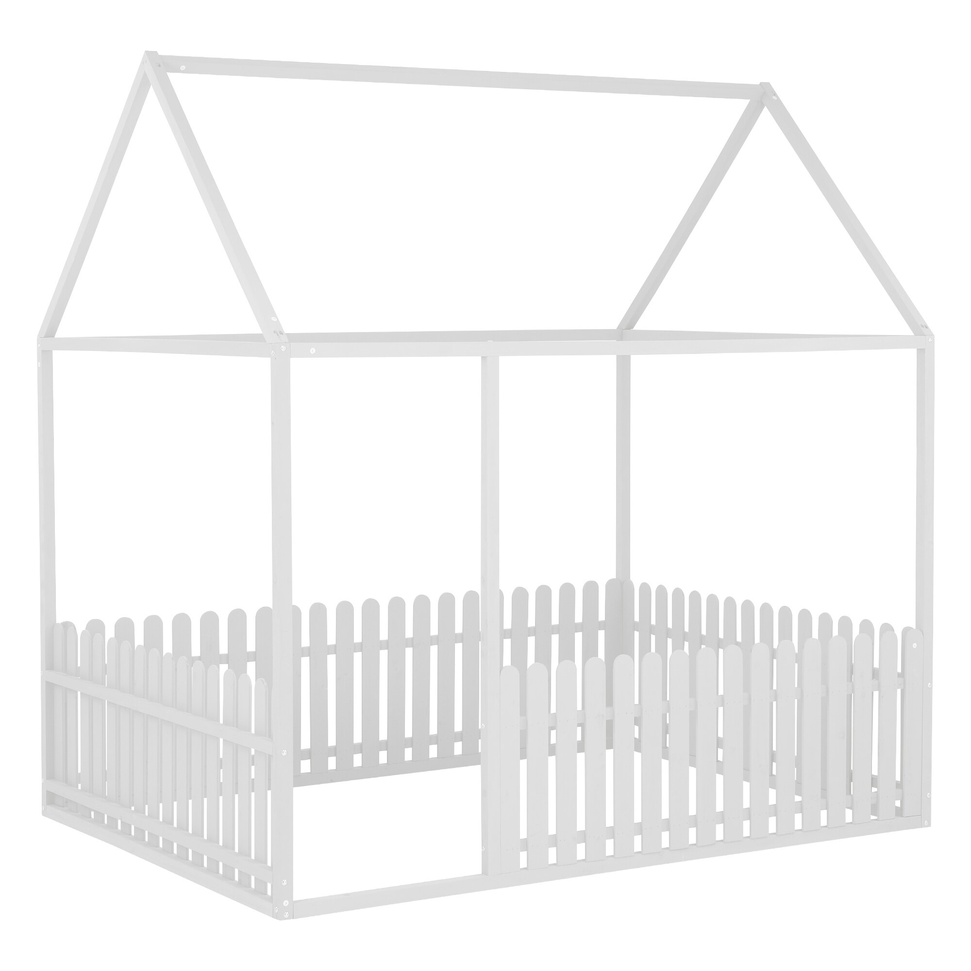 Full Size Single Floor Bed Frame with Roof and Fence